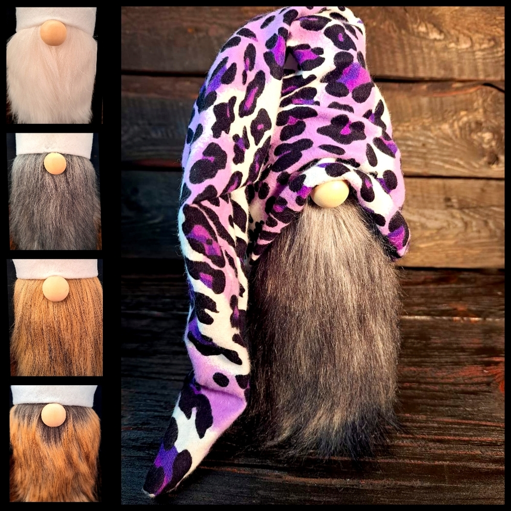 Purple Leopard Gnome Hat with Choice of Bearded Gnome Body  Interchangeable
